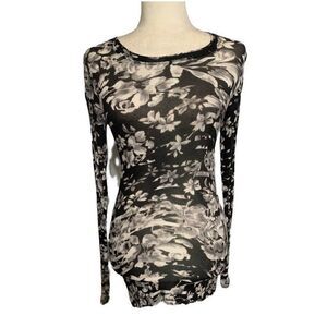 bcbg maxazria Black White Floral Crew Neck Long Sleeve Thin Bodycon Sweater Top